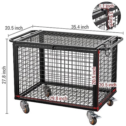 MyGift Black Metal Rolling Sports Ball Storage Cart for Playground, Dodge Ball, Basketball, Soccer Ball Gym Basket Equipment Cart with Lockable Latch, Caster Wheels and 4 Hooks