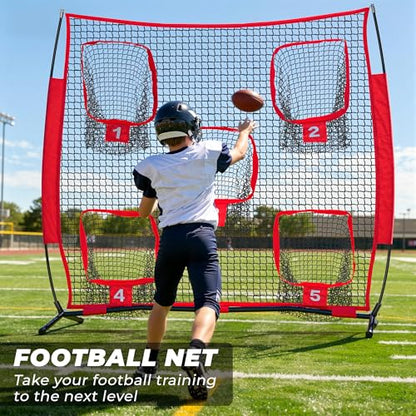 7x7ft/8x8ft Football Throwing Net, Quarterback Training Equipment with 5 Target Pockets, Includes Football, Portable Carry Bag