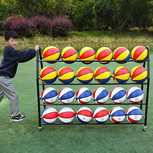 Ball Storage with Wheels Basketball Racks for Storage 4 Tier Black White Storage Equipment Organizer Sports Rack Rolling Basketball Cart for Garage Indoor School Pitch