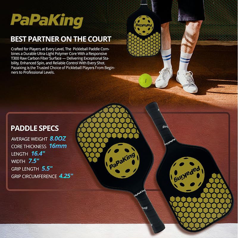 Carbon Fiber Pickleball Paddle with 2 Balls, Lightweight Paddle with Large Sweet Spot & Vibration Damping, Carbon Fiber Textured Surface for High Spin & Control, PP Honeycomb Core