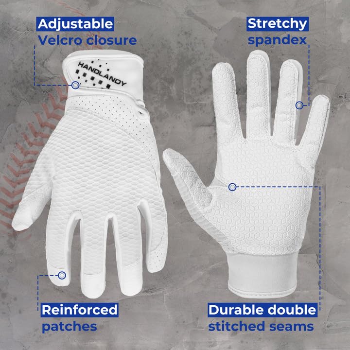 HANDLANDY Baseball Batting Gloves for Adult Youth, Grip Breathable Softball Batting Gloves Fit Men Kids Boys Girls - color: White-Kids, size: Kids X-Small