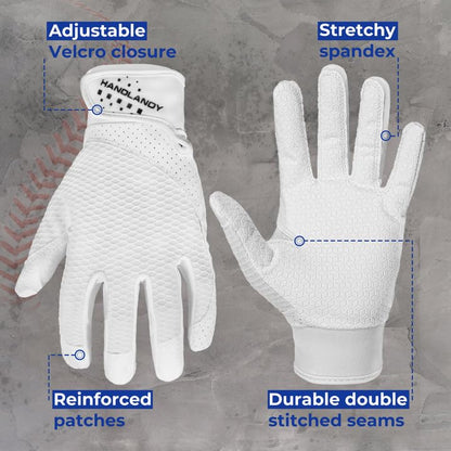HANDLANDY Baseball Batting Gloves for Adult Youth, Grip Breathable Softball Batting Gloves Fit Men Kids Boys Girls - color: White-Kids, size: Kids Large