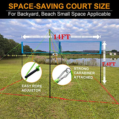 Zdgao 14 ft/20 ft 4-Way Volleyball and Badminton Combo Net with Soft Volleyball, Rubber Hammer and Carry Bag, Adjustable Height Four Square Volleyball Game Set for Backyard and Beach - color: 14FT BLUE & GREEN