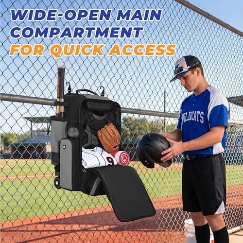 Rolling Baseball Bag with Wheels, 70L Large Capacity Baseball Backpack with Hidden Shoulder Strap, Sturdy Softball Bag with Multi-Pockets, Shoe Compartment, Fence Hooks for Players, Coaches - color: Grey