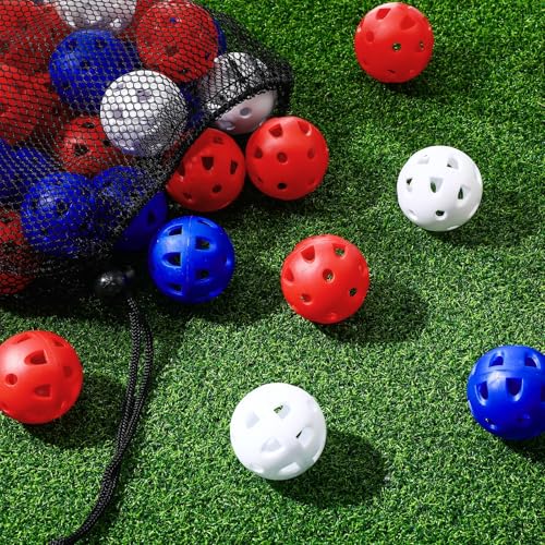 VioraWhite 48 Pack Mini Practice Baseballs 1. 65 Inch Small Baseball Training Lightweight Hollow with a Drawstring Bag for Hitting, Batting Training Use - color: Red，blue，white
