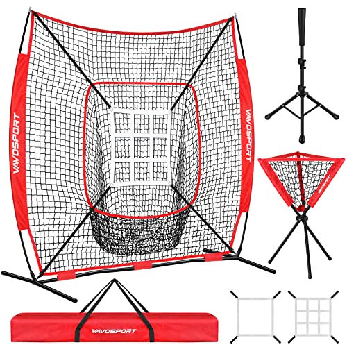 VAVOSPORT 7x7' Baseball Net Set - Portable Softball & Baseball Net, Batting Tee, Ball Caddy, Strike Zone, Training Equipment for Youth Practice