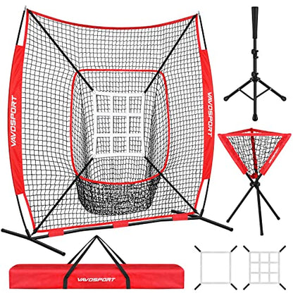 VAVOSPORT 7x7' Baseball Net Set - Portable Softball & Baseball Net, Batting Tee, Ball Caddy, Strike Zone, Training Equipment for Youth Practice