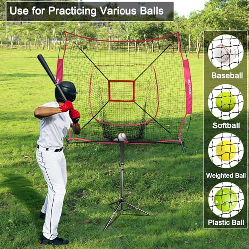 BaseGoal 7'×7' Baseball Softball Practice Net,Baseball Backstop,with Batting Tee,for Hitting Pitching Batting Catching with Bow Frame,Bonus Strike Zone - style: Purple-A