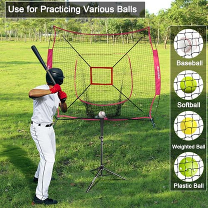 BaseGoal 7'×7' Baseball Softball Practice Net,Baseball Backstop,with Batting Tee,for Hitting Pitching Batting Catching with Bow Frame,Bonus Strike Zone - style: Purple-A