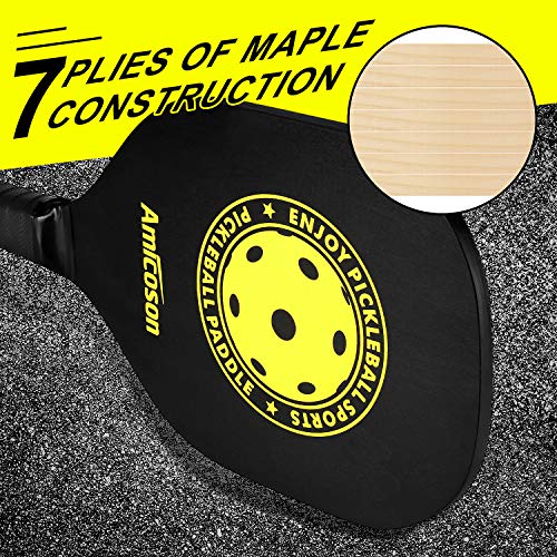 Amicoson Pickleball Paddles - Set of 4 Wooden Paddles, Indoor & Outdoor Balls, Ergonomic Grip, 8 Balls & 1 Carry Bag