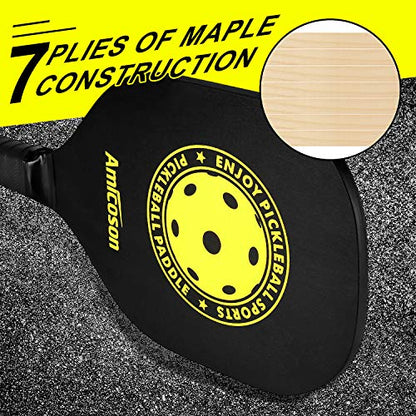 Amicoson Pickleball Paddles - Set of 4 Wooden Paddles, Indoor & Outdoor Balls, Ergonomic Grip, 8 Balls & 1 Carry Bag