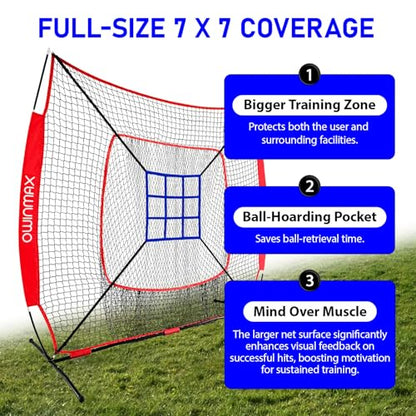 7x7 ft Baseball Softball Practice Net with The Detachable Bow Frame for Batting, Hitting, Pitching, Portable Baseball Practice Net with Carry Bag, Great for All Levels