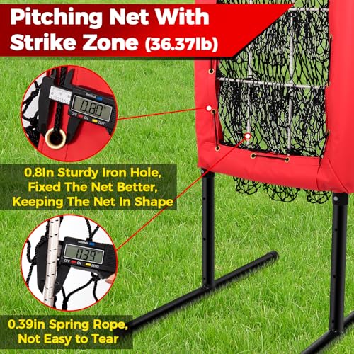 Heavy Duty 9 Hole Pitching Net with Strike Zone,9 Pocket Pitching Target Net of 4 Adjustable Heights (36-53in),Softball Pitching Net Fix by 8xspikes and 2xsandbags, Pitching Target Net for All Age