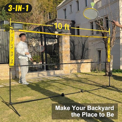3-in-1 Portable Badminton, Volleyball & Pickleball Net Set for Adults, Adjustable Height 34"–7 ft for Backyards or Beach, Outdoor Sports Combo with Carry Bag, Rackets, Paddles & Balls - style: 10 ft wide Half Court Net