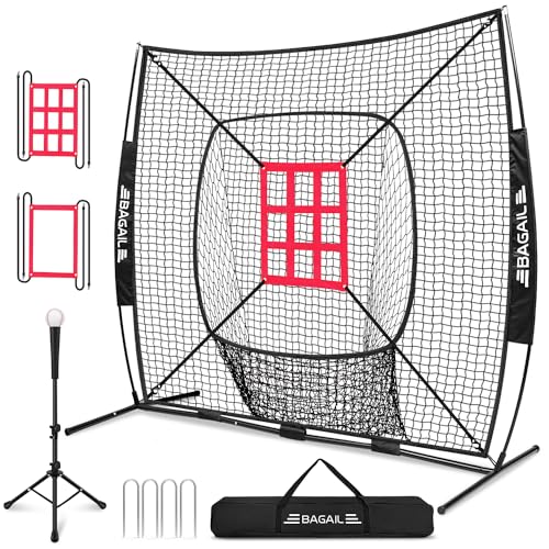 BAGAIL 7x7 ft Extra Large Baseball & Softball Training Net with Batting Tee, Heavy Duty Reinforced Steel Frame, Oversized Hitting Zone for All Levels, Portable Backstop with Carry Bag - color: Black, style: Strike Zone Version