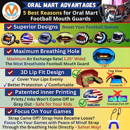 Oral Mart Flag Football Mouth Guard with 3D LipFit Design for Kids - Youth Football Mouthguard (No Boil) Cool Instant Fit Lip Guard Mouthpiece for Braces (Detachable Helmet Strap Included) - color: American Flag