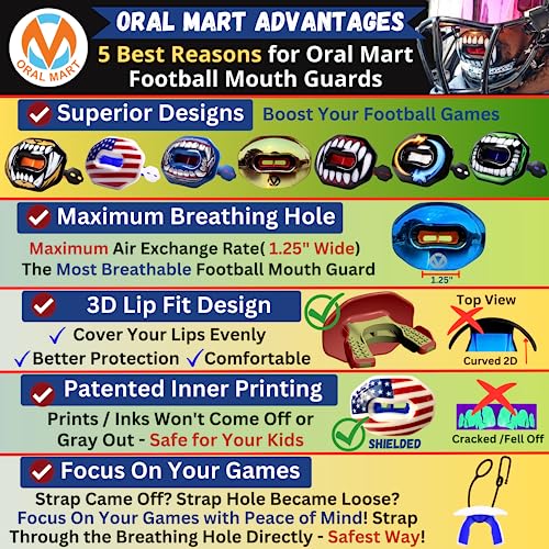 Oral Mart Flag Football Mouth Guard with 3D LipFit Design for Kids - Youth Football Mouthguard (No Boil) Cool Instant Fit Lip Guard Mouthpiece for Braces (Detachable Helmet Strap Included) - color: Charging Boar
