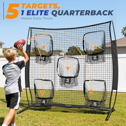 7x7ft/8x8ft Football Throwing Net, Quarterback Training Equipment with 5 Target Pockets, Includes Football, Portable Carry Bag