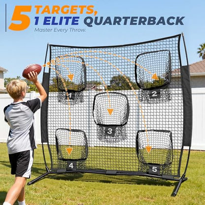 7x7ft/8x8ft Football Throwing Net, Quarterback Training Equipment with 5 Target Pockets, Includes Football, Portable Carry Bag