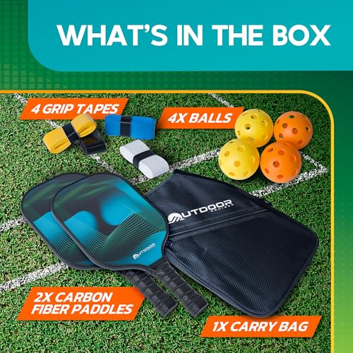 Outdoor Cruiser Pickleball Paddle Set – USAPA Approved, Premium Fiberglass Paddles with Lightweight Shock-Absorbing Grip, Includes 2 Rackets, 4 Balls, Grip Tapes, and Sling Carry Bag - color: Waves