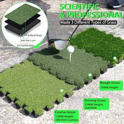 GAIARENA Tri-Turf Golf Hitting Mat Premium Indoor/Outdoor/Backyard Golfing Practice Mat for Home Golf Simulators, Thick EVA Foam Base & Tri-Turf Tiles Rough Driving Course Grass, Gift for Avid Golfers - size: 48"*12.6"