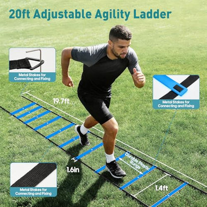 Agility Ladder Speed Training Equipment Set-20ft Ladder,12 Cones, 4 Adjustable Hurdles, Jump Rope, Resistance Parachute| Soccer,Basketball, Football Practice Equipment for Youth, Adults - color: Blue, size: 17.18"*5.72"*13.32"