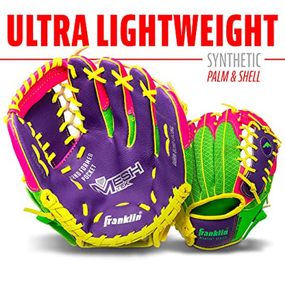 Franklin Sports Kids Baseball Glove + Foam Ball Sets - Meshtek Youth Teeball Gloves for Kids + Toddlers - Left + Right Hand Throw - 9.5" Inch - color: Purple/Pink/Yellow