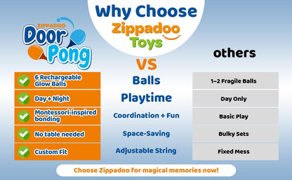 Zippadoo Door Pong: Glow-in-The-Dark Ping Pong Game for Kids - Door Frame Ping Pong Trainer Set with 6 Rechargeable Balls, Indoor & Outdoor Hanging Table Tennis for Ages 3+, Doorway Games Fun
