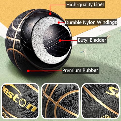 Senston 27.5''/29.5'' Outdoor Basketball Excellent Elasticity/Grip Rubber Basketballs with Pump, Durable Size 5/7 Men Basketball - color: Black/Gold, size: 29.5''(size 7)