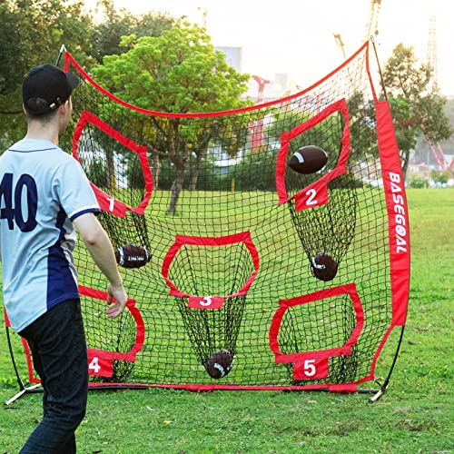 BaseGoal Football Nets for Throwing,Football Target,Quarterback Training Equipment with 5 Target Pockets for Improving Football Accuracy Throwing-8 x 8 ft or 7 x 7 ft Nets - color: 8 x 8 Ft Red ONLY