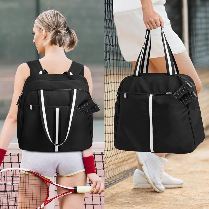 Pickleball Bag for Women Men, Large Pickleball Backpack with Shoe Compartment, Pickle Ball Bag with Paddle Cover Pocket Holds 2 Paddles - color: A-Striped Black