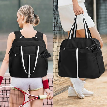 Pickleball Bag for Women Men, Large Pickleball Backpack with Shoe Compartment, Pickle Ball Bag with Paddle Cover Pocket Holds 2 Paddles - color: A-Striped Black