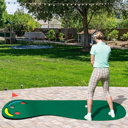 GYMAX Putting Green, 10 x 3 ft Par Three Putting Mat Set with 3 Putting Cups, 1 Flag and Golf Hole Covers, Putting Green Mat for Golf Training Practice Indoor/Outdoor, Garage, Backyard, Office