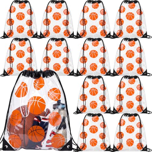 Cholemy 12 Pcs Clear Basketball Drawstring Bags 17 x 13 Inch Waterproof Plastic Gift Snack Goodie Bags for Team Sports Gym Events Stadium - style: Basketball Style