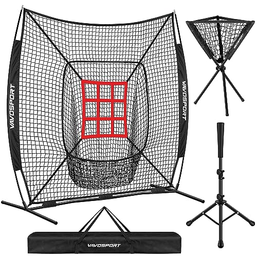 VAVOSPORT 7x7' Baseball Net Set - Portable Softball & Baseball Net, Batting Tee, Ball Caddy, Strike Zone, Training Equipment for Youth Practice