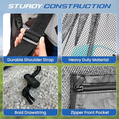 Heavy Duty Mesh Sports Equipment Bag, Large Capacity Ball Storage with Adjustable Shoulder Strap, Waterproof Pocket, Black