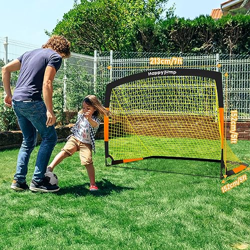 Happy Jump 7x5' & 5x3.6' Portable Soccer Goals for Kids Ages 6-14, Weatherproof Net and Steel Frame for Backyard Fun and Outdoor Training, Quick Setup and Sturdy for All Weather Conditions - style: 7x5 FT, 2 Set