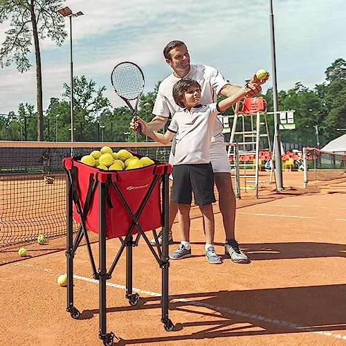 Goplus Foldable Tennis Ball Hopper, Lightweight Aluminum Tennis Ball Basket with Wheels, Removable Bag, Side Pockets, Carry Bag, Portable Sports Teaching Cart Holds 150 Tennis Balls