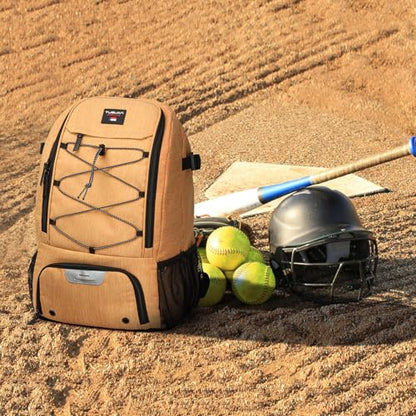 Baseball Backpack, Baseball Bag for Youth, Softball Bat Bag with Shoes Compartment, Laptop Compartment & Holds 2 Bats, Small Baseball Bat Equipment Bags for Fence Hook, Glove Holder & Helmet - color: Khaki