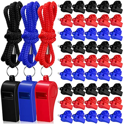 Flutesan 48 Pcs Whistles Bulk with Lanyard Sports Loud Crisp Sound Whistles for Coach Referees Training Emergency - color: Red, Blue, Black