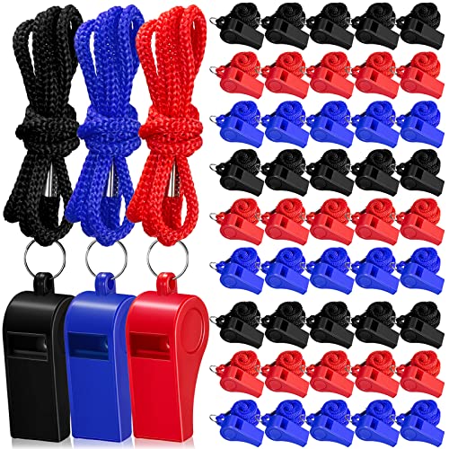 Flutesan 48 Pcs Whistles Bulk with Lanyard Sports Loud Crisp Sound Whistles for Coach Referees Training Emergency - color: Red, Blue, Black