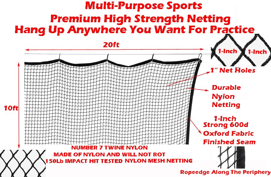 10ft, 15ft, 25ft Sports Practice Netting Sturdy Net Hitting Throwing Pitching Net 150LB Impact Hit Tested Nylon Mesh Netting for Golf, Baseball, Softball, Hockey, Soccer, LAX - size: 10ft x 20ft