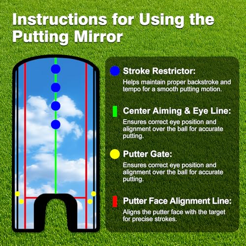 Golf Putting Mirror Training Aid, Alignment Training Tool for Putting Practice, Putter Mirror with Precision Lines for Eye & Shoulder Alignment, Portable Golf Putting Aid, 12" x 5.7"
