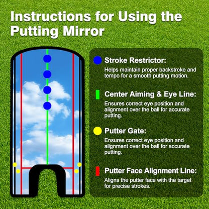 Golf Putting Mirror Training Aid, Alignment Training Tool for Putting Practice, Putter Mirror with Precision Lines for Eye & Shoulder Alignment, Portable Golf Putting Aid, 12" x 5.7"