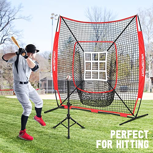VAVOSPORT 7x7' Baseball Net Set - Portable Softball & Baseball Net, Batting Tee, Ball Caddy, Strike Zone, Training Equipment for Youth Practice