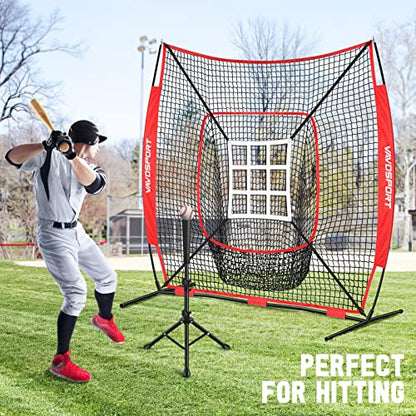 VAVOSPORT 7x7' Baseball Net Set - Portable Softball & Baseball Net, Batting Tee, Ball Caddy, Strike Zone, Training Equipment for Youth Practice