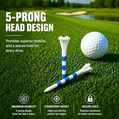 CHAMPKEY Professional 170 Pack 5-Prong Plastic Golf Tees 3 Sizes Assorted Pack - 100 Pcs 3-1/4" with 40 Pcs 2-3/4" and 30Pcs 1-1/2" Golf Tees Plastic
