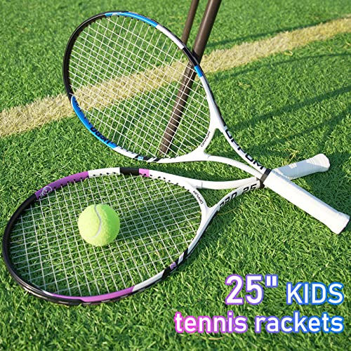 2-Pack Kids Tennis Racket Set, 16 21 23 25 Inch Junior Racquets for Boys Girls, Lightweight Aluminum Starter Kit with Shoulder Bag and 2 Balls - color: 25 inch-2pcs New(Purple+Blue)