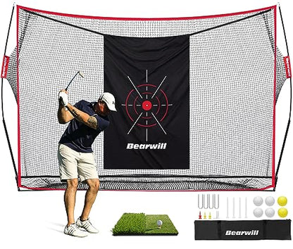 Bearwill Golf Net, 10x7ft Heavy Duty Golf Practice Nets with Mat, Target Cloth, 8 Tees, 6 Balls, Carry Bag for Backyard Driving Chipping Indoor Outdoor Training