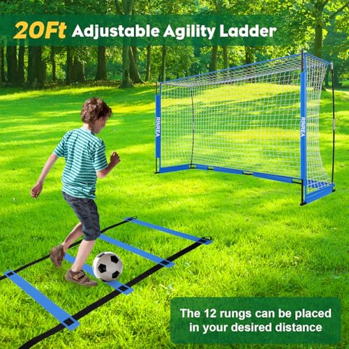 RINREA Portable Soccer Goal, Collapsible Soccer Goal Net Metal Base, Quick Setup Soccer Training Equipment with 1 Carry Bag, 1 Agility Ladder, 4 Ground Nails - color: Standard Blue